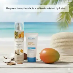 UV-protective antioxidants + saltwater-resistant hydration