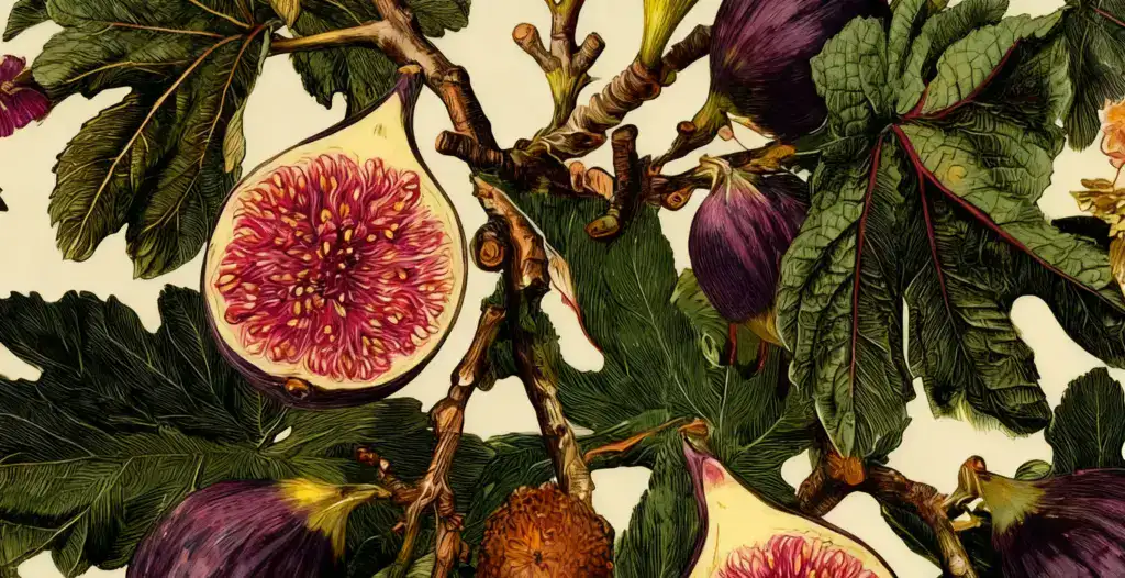 Fresh figs and green leaves with purple accents, perfect for natural body mist ingredients and botanical skincare.