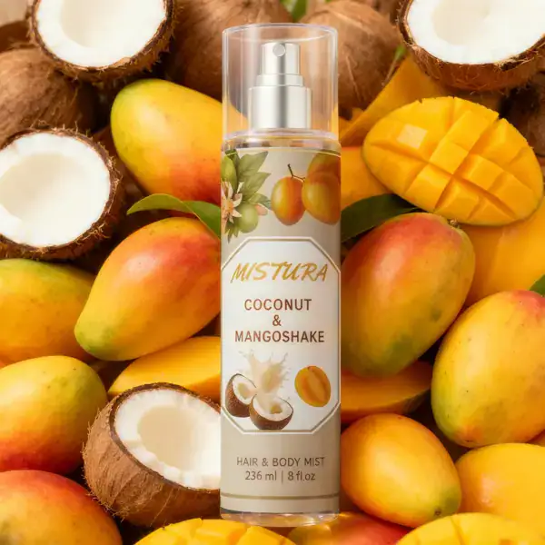 Fresh mango and coconut scent body mist bottle surrounded by ripe mangoes and coconuts.