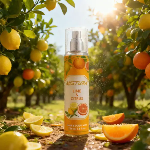 Lime and citrus scented body mist from MISTURA in an outdoor orchard setting, refreshing and hydrating hair and body spray.