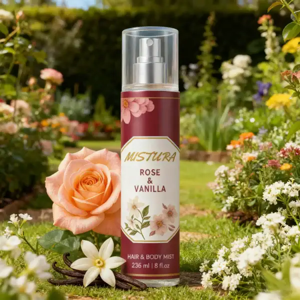 Rose and vanilla hair and body mist in garden setting with fresh flowers