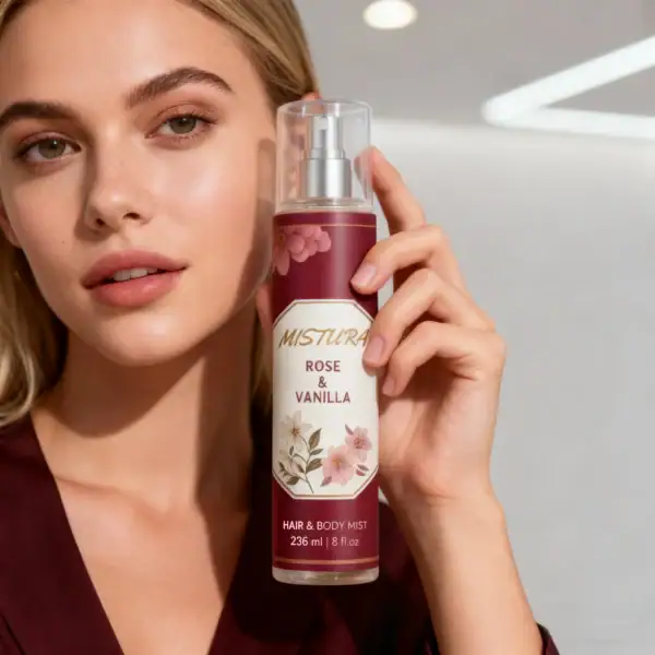 Rose and vanilla hair and body mist for daily freshness and wellness
