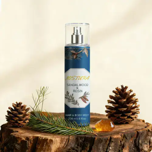 MISTURA Sandalwood Rosin Body Mist - 236ML Natural Wood and Incense Fragrance for Hair and Body with Pine Cones
