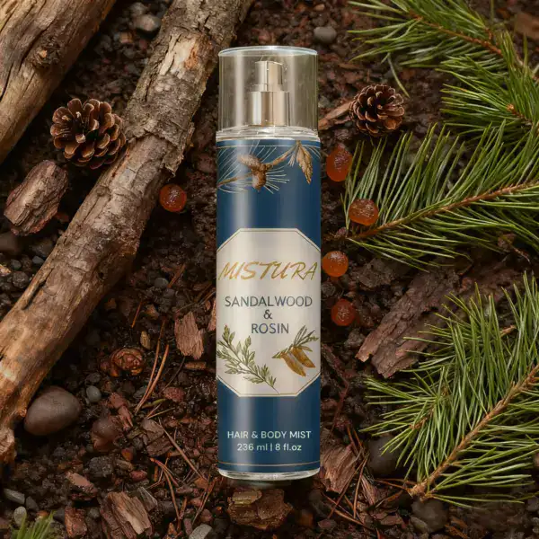Sandalwood and rose body mist by MISTURA, perfect for luxurious hair and skin fragrance.