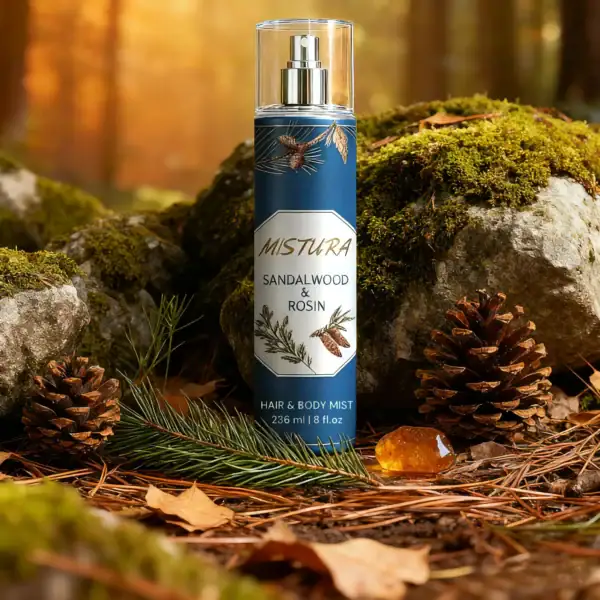 Refreshing sandalwood and rosine scent body mist by MISTURA for hair and body.