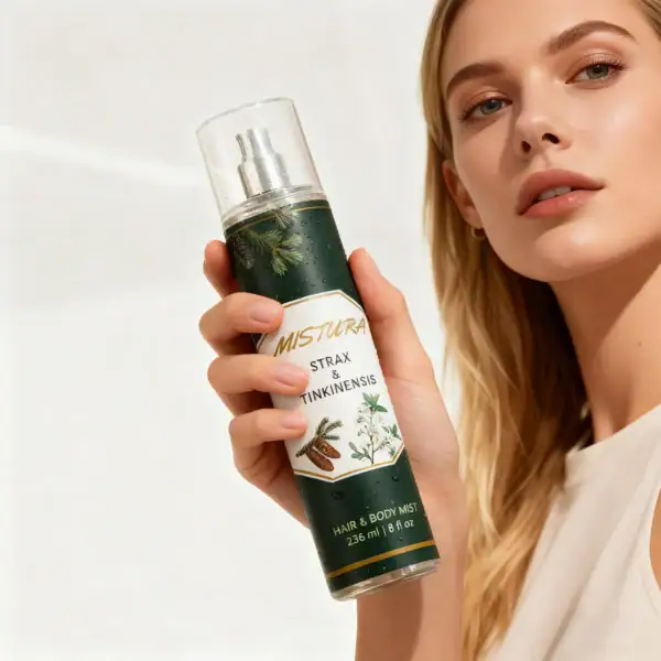Refreshing mist with natural botanicals for hair and body, Mistura Tinkinesis and Strax formula.