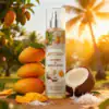 Juicy mangoes, coconut, and tropical mist spray bottle on wooden table with sunset background.
