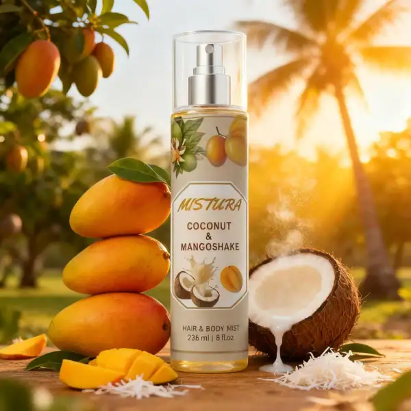 Juicy mangoes, coconut, and tropical mist spray bottle on wooden table with sunset background.
