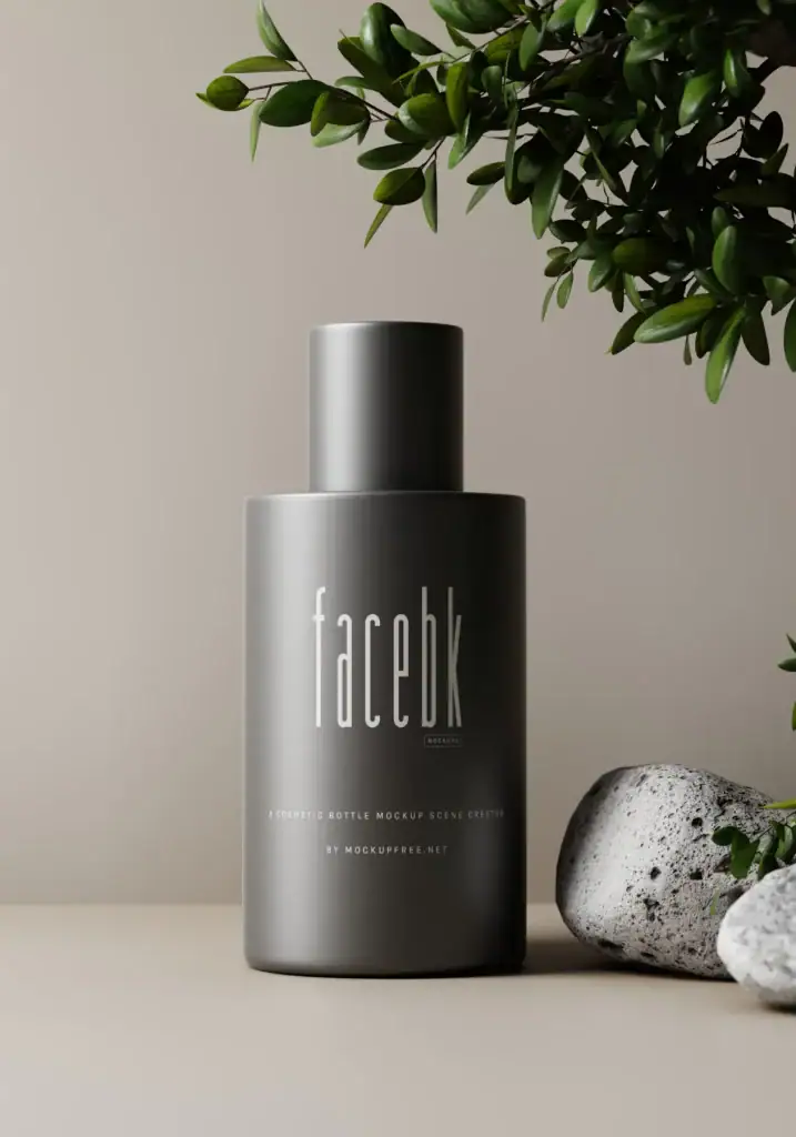 Facial body spray bottle mockup with matte black finish and minimalistic design.