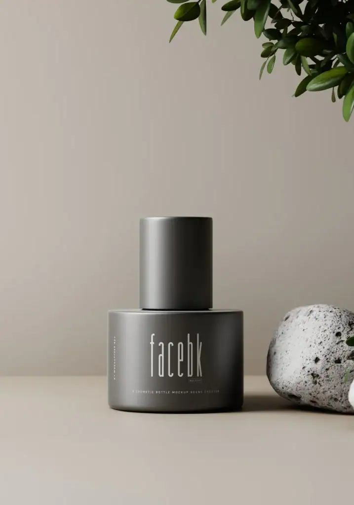 Custom black cosmetic bottle mockup for Body Mist product display on website.