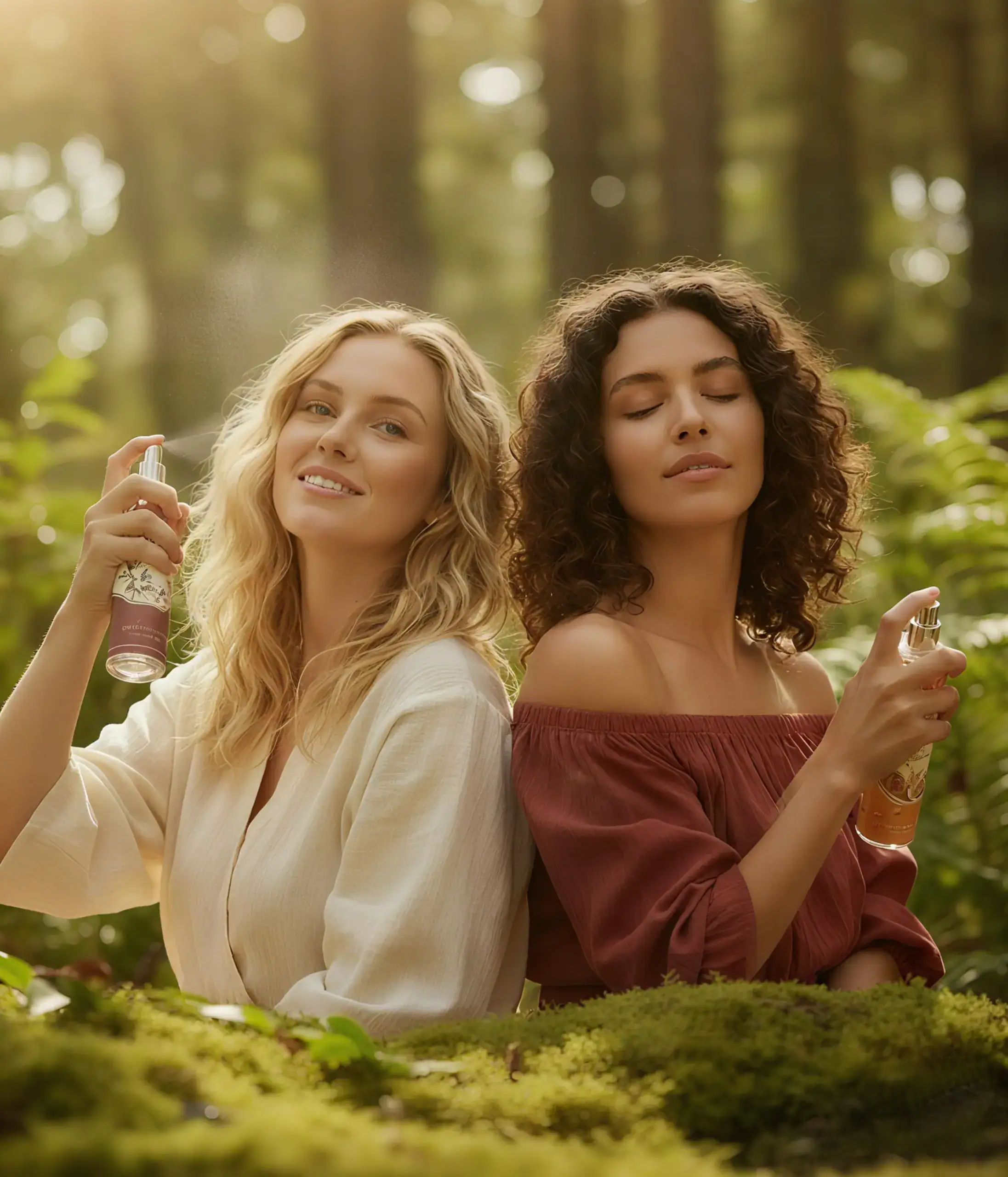 Refreshing women spraying natural body mist outdoors, promoting MISTURA's skincare products.